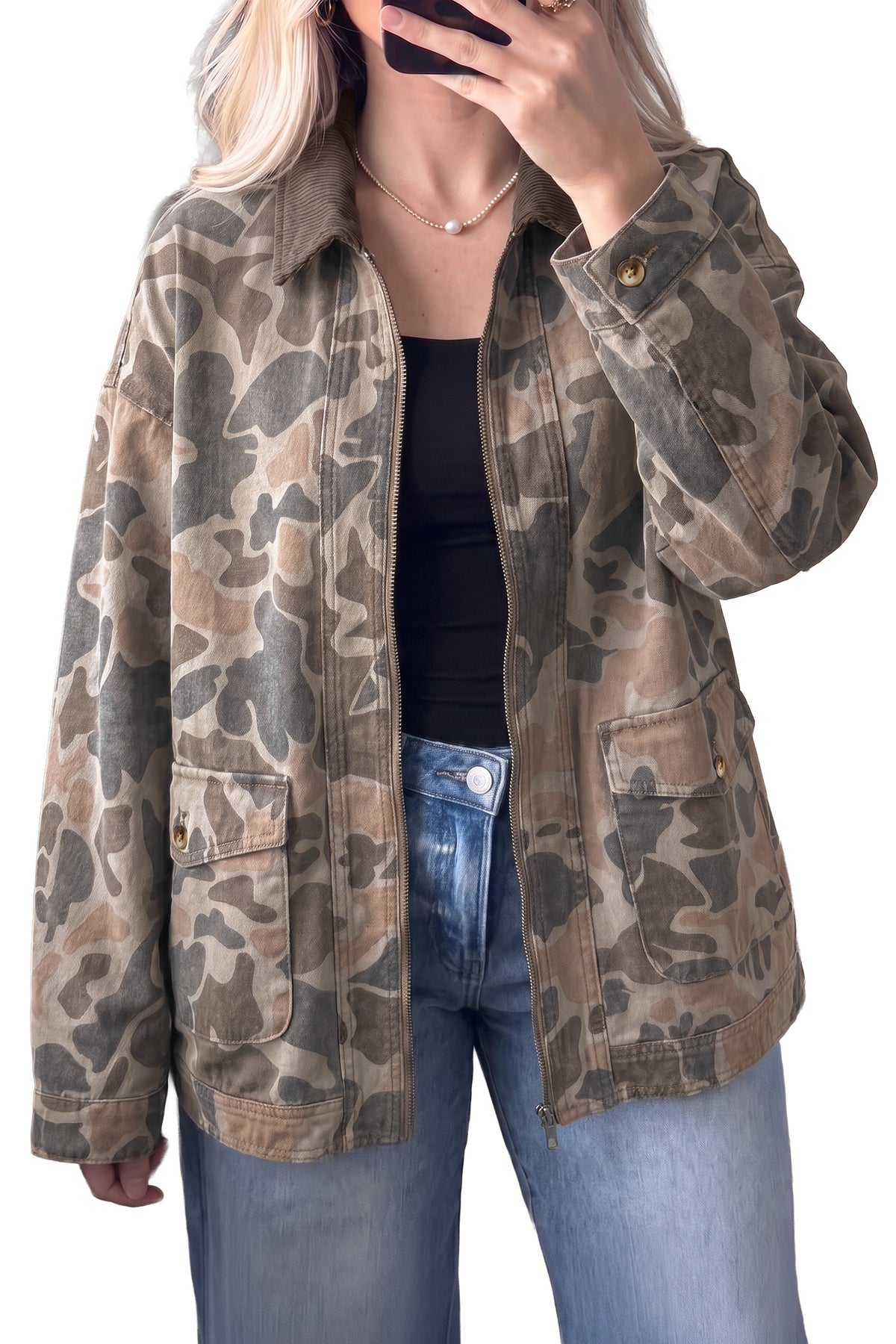 Multicolour Camouflage Print Corduroy Contrast Collar Zip Denim Jacket