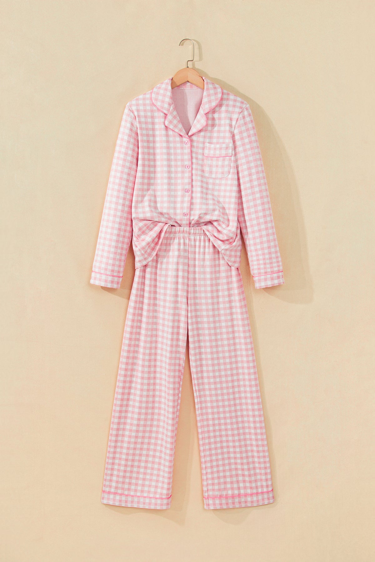Pink Gingham Long Sleeve Lapel Shirt Pajama Pants Set