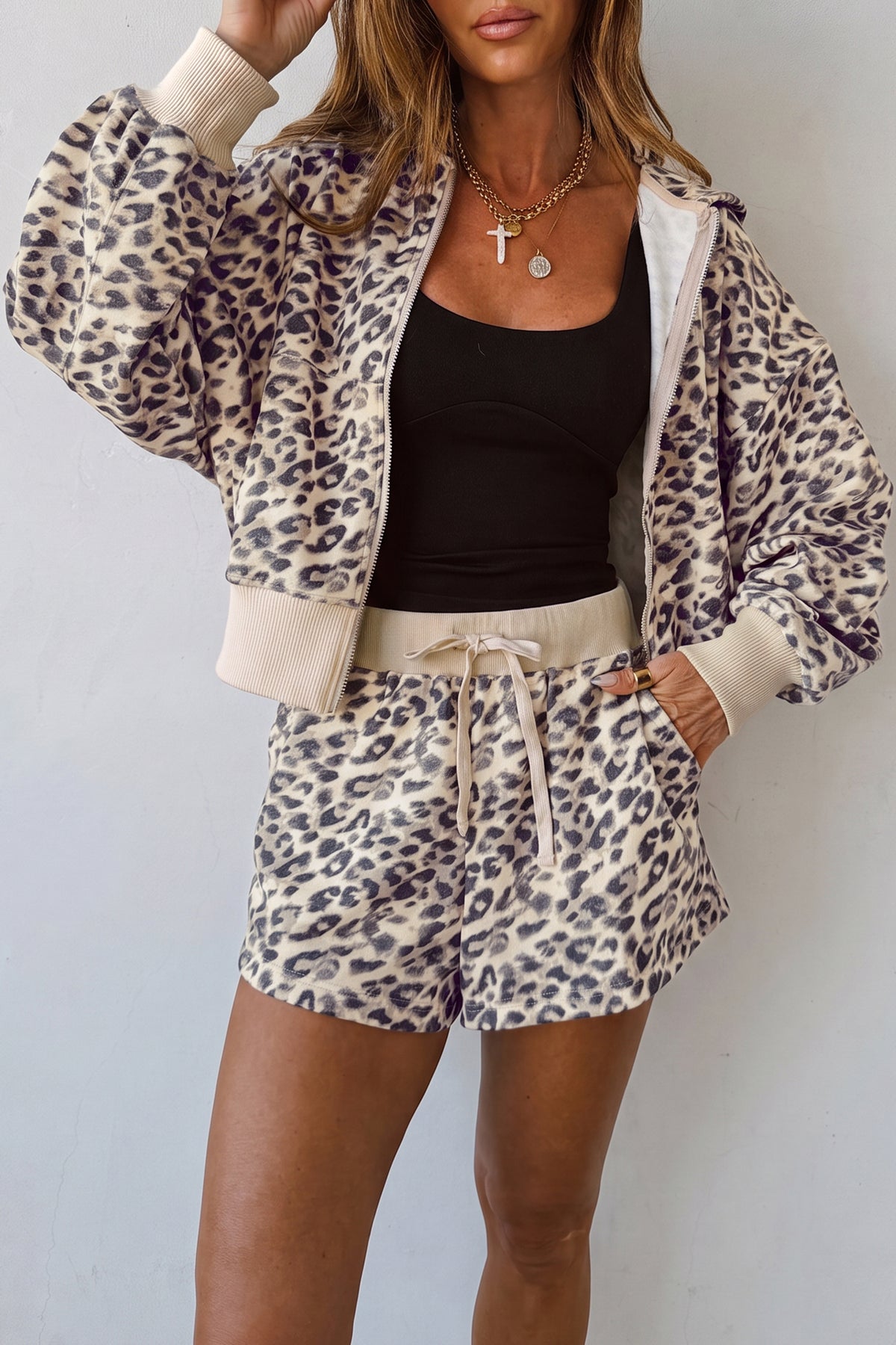 Women's Multicolour Leopard Zip-Up Hooded Drawstring Pants Set
