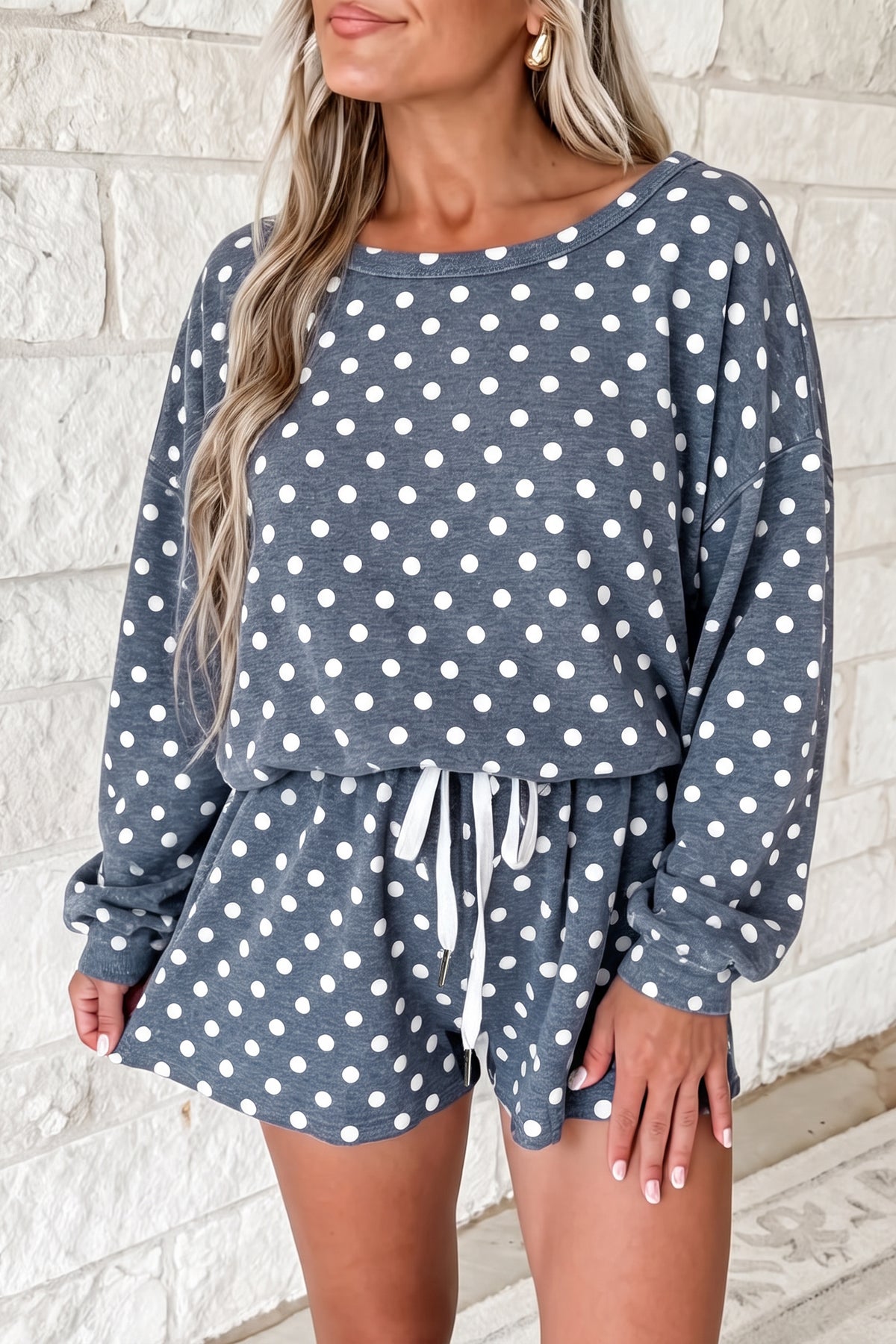 Gray Polka Dot Top and Drawstring Shorts Set