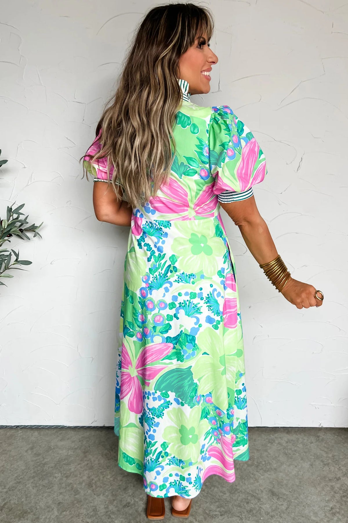 Green Stripe Floral Print Striped Short Sleeve Vacation Dress