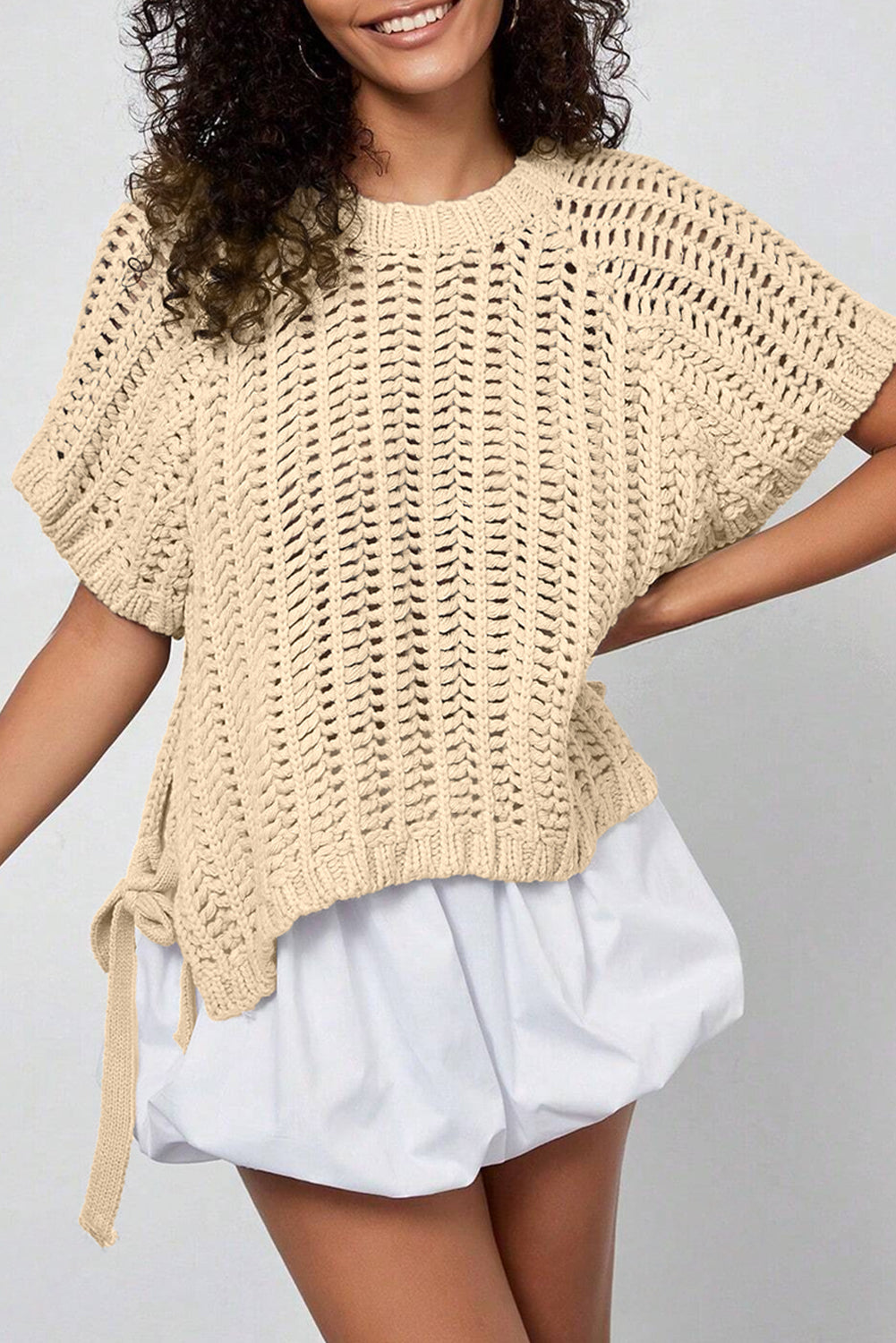 White Plus Size Open Knit Bow Tie Short-Sleeve Sweater