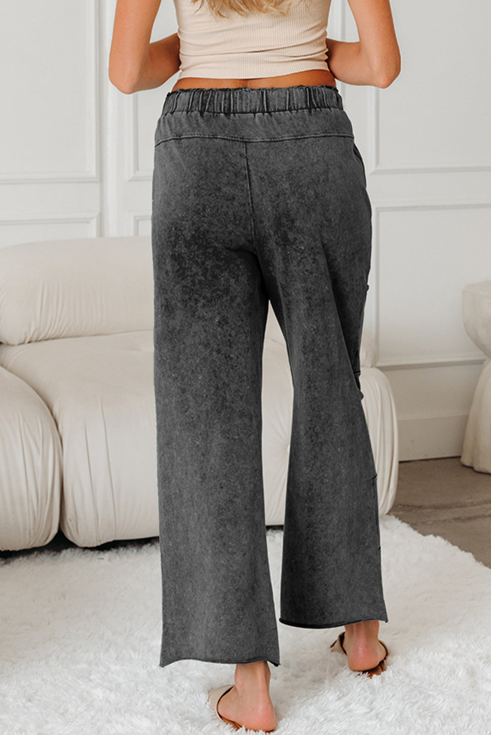 Wild Ginger Mineral Wash Lace-up High Waist Raw Hem Patched Pocket Pants