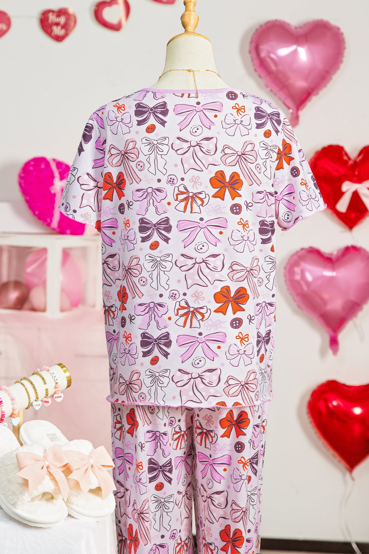 Pink Bows and Buttons Print Short Sleeve Shirt and Pants Pajama Set