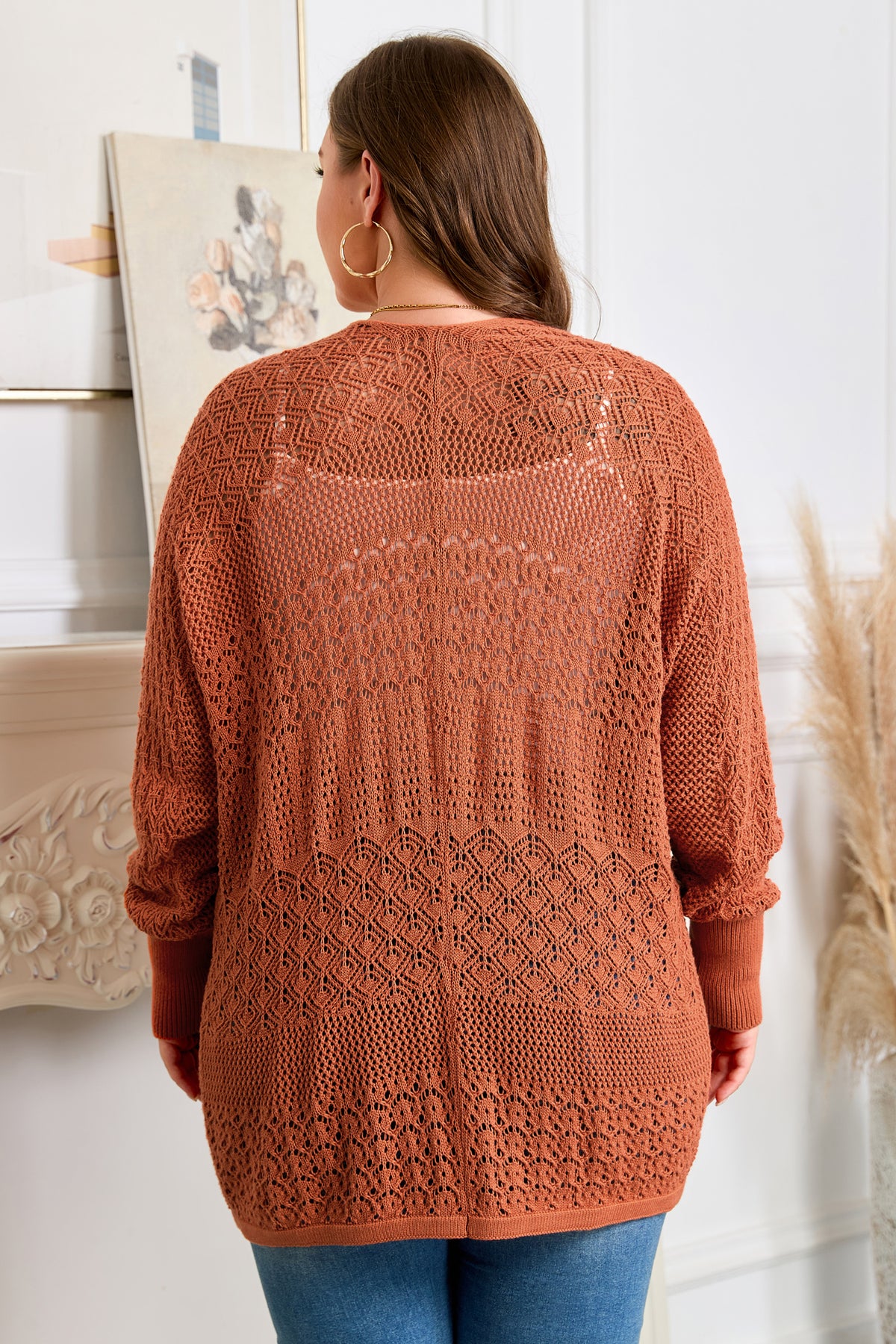 Redwood Burl Mixed Pattern Knitted Open-Front Plus Cardigan