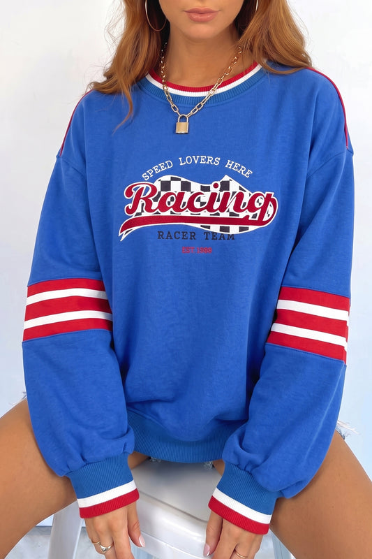 Sky Blue Abstract Racing Graphic Embroidered Sweatshirt