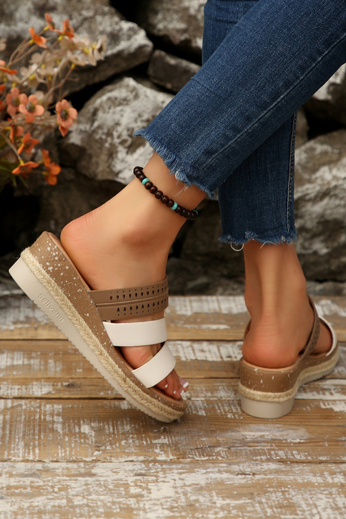 Coffee Hollowed Color Block Straps Platform Wedge Sandals