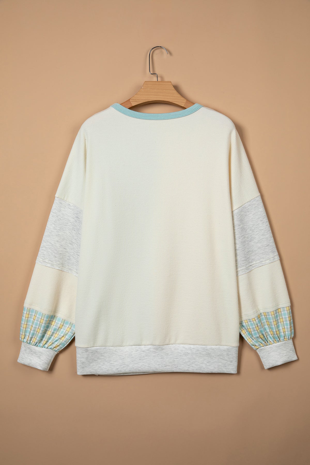 Light Blue Plaid Patchwork Round Neck Top