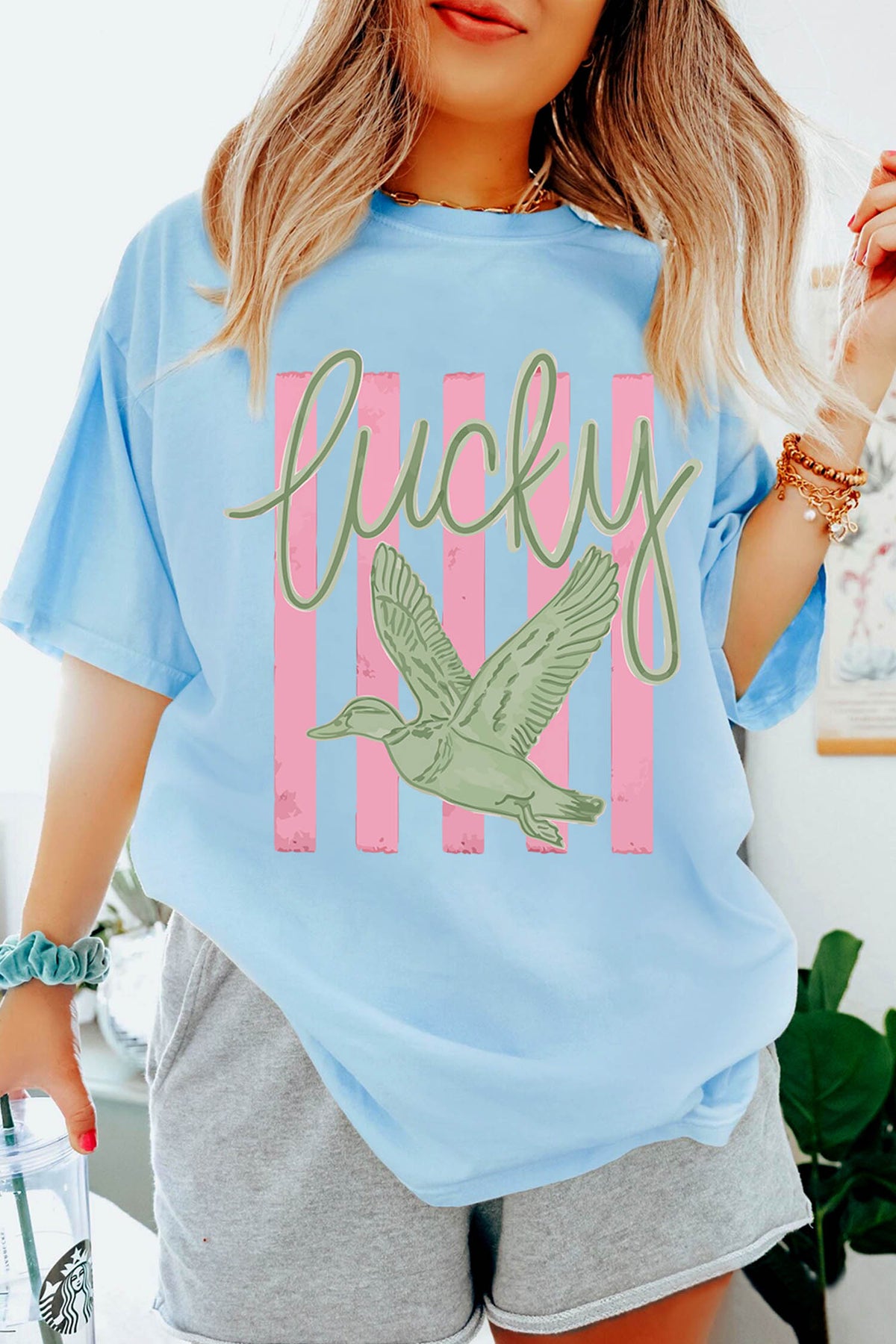 Light Blue Lucky Duck Print Casual Round Neck T-Shirt