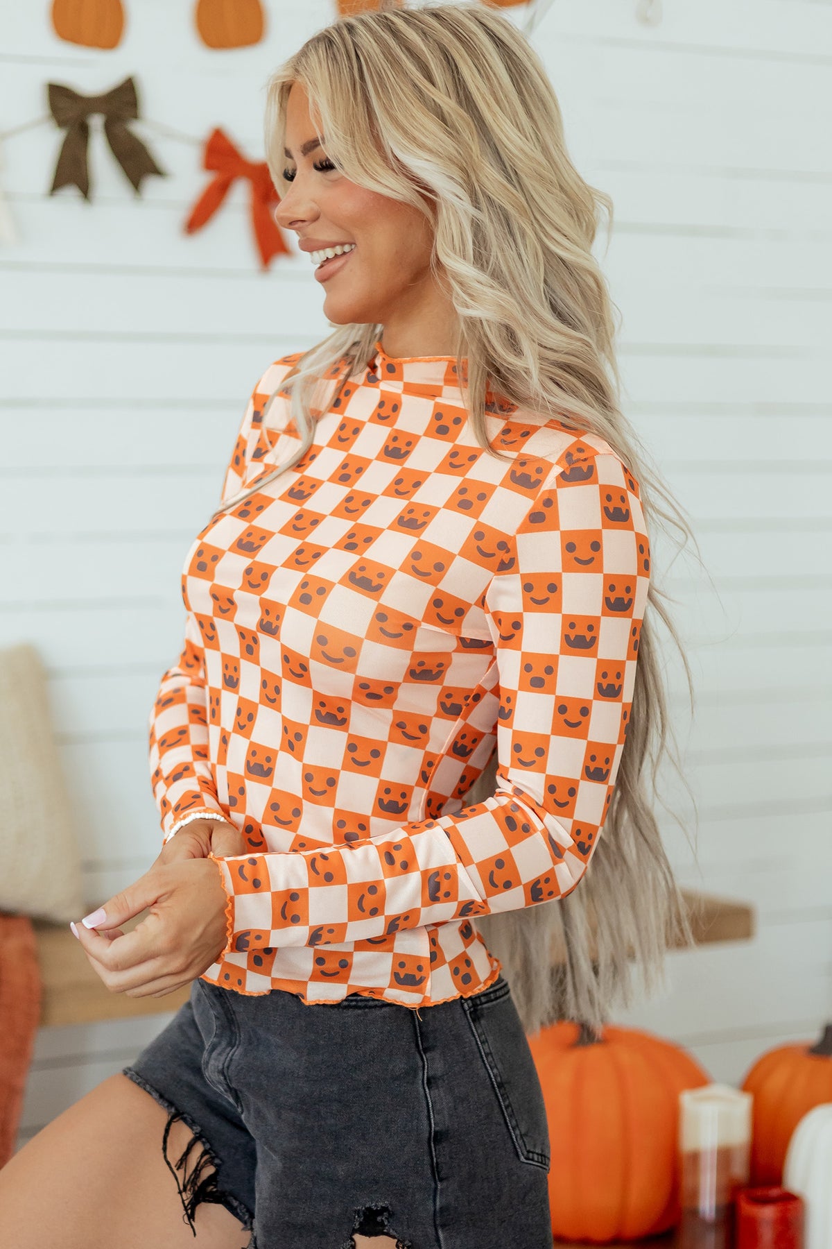 Orange Abstract Halloween Pattern Stand Neck Shift Blouse