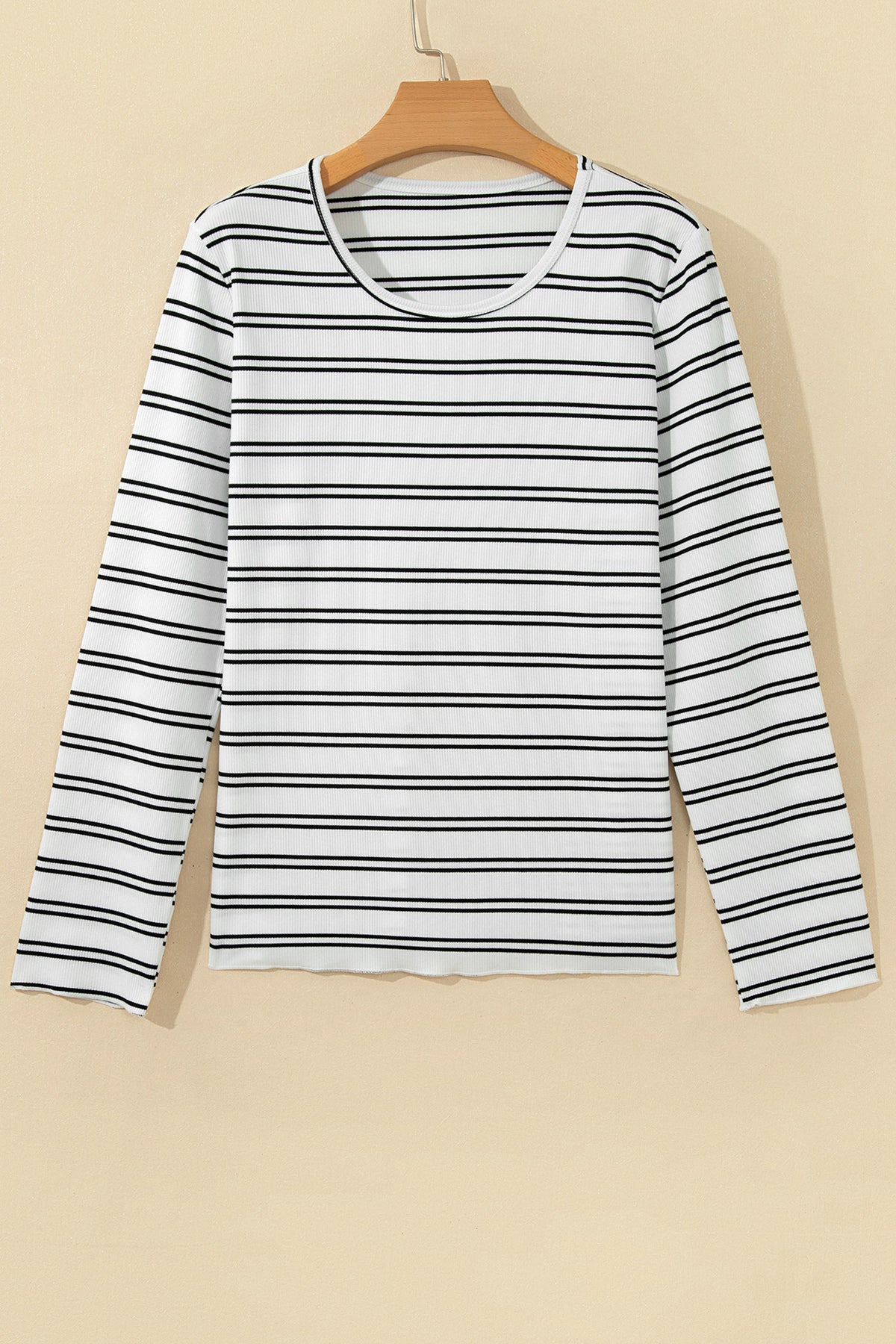 Beige Stripe Ribbed Knit Round Neck Long Sleeve Top