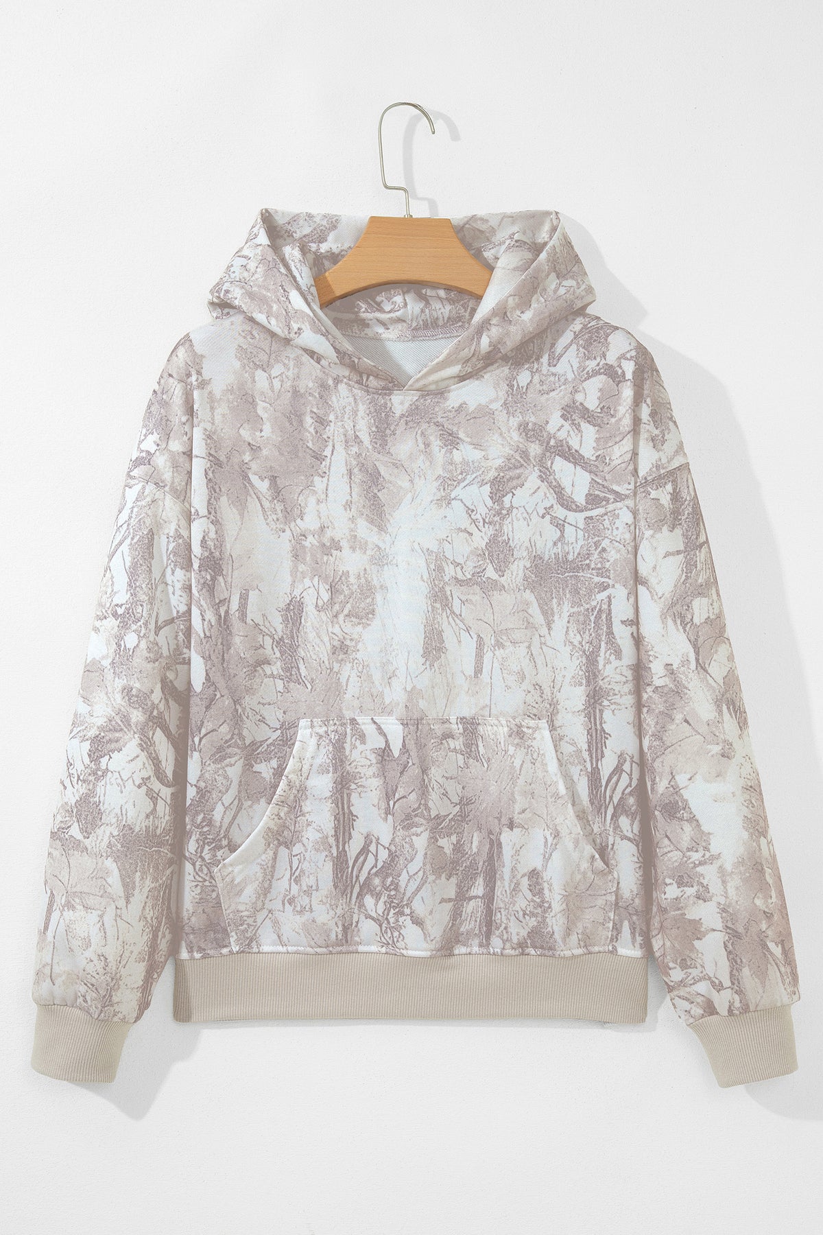 Gray Abstract Print Ribbed Cuffs Hem Hoodie
