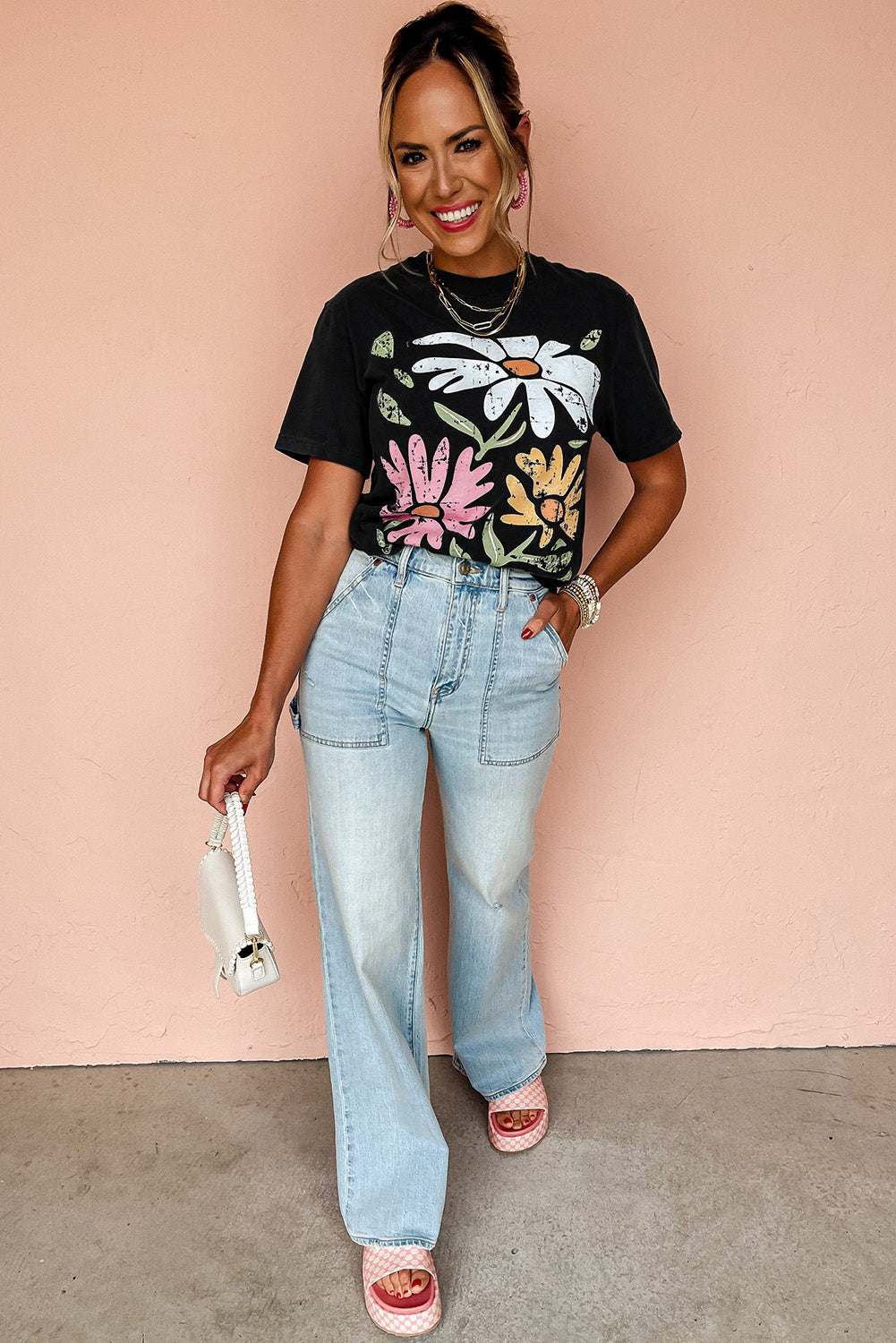 Black Retro Floral Print Crew Neck Casual T-Shirt
