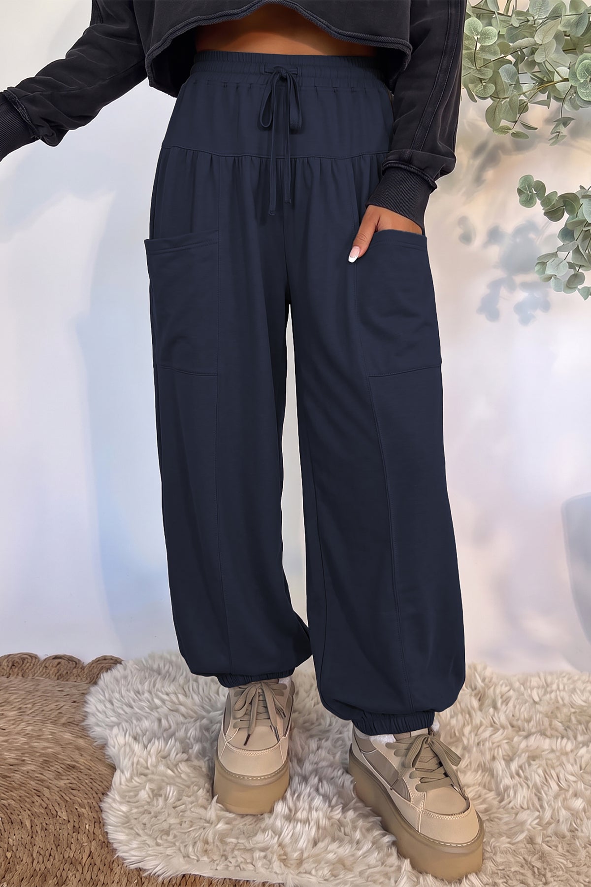 Dirty blue Elastic Waist Drawstring Wide Leg Full-Length Pants