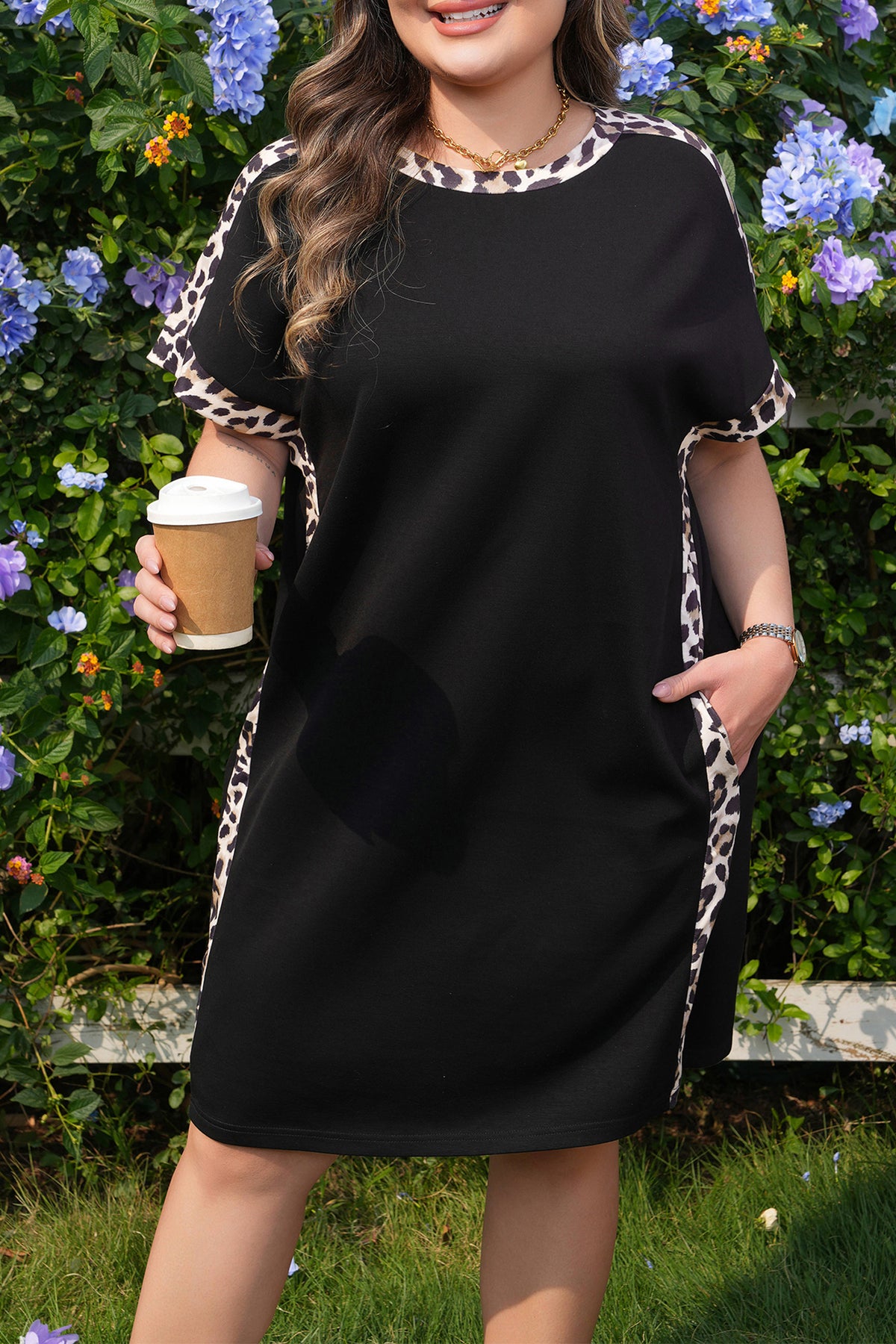 Black Plus Size Leopard Print Patchwork Shift T-Shirt Dress with Pockets