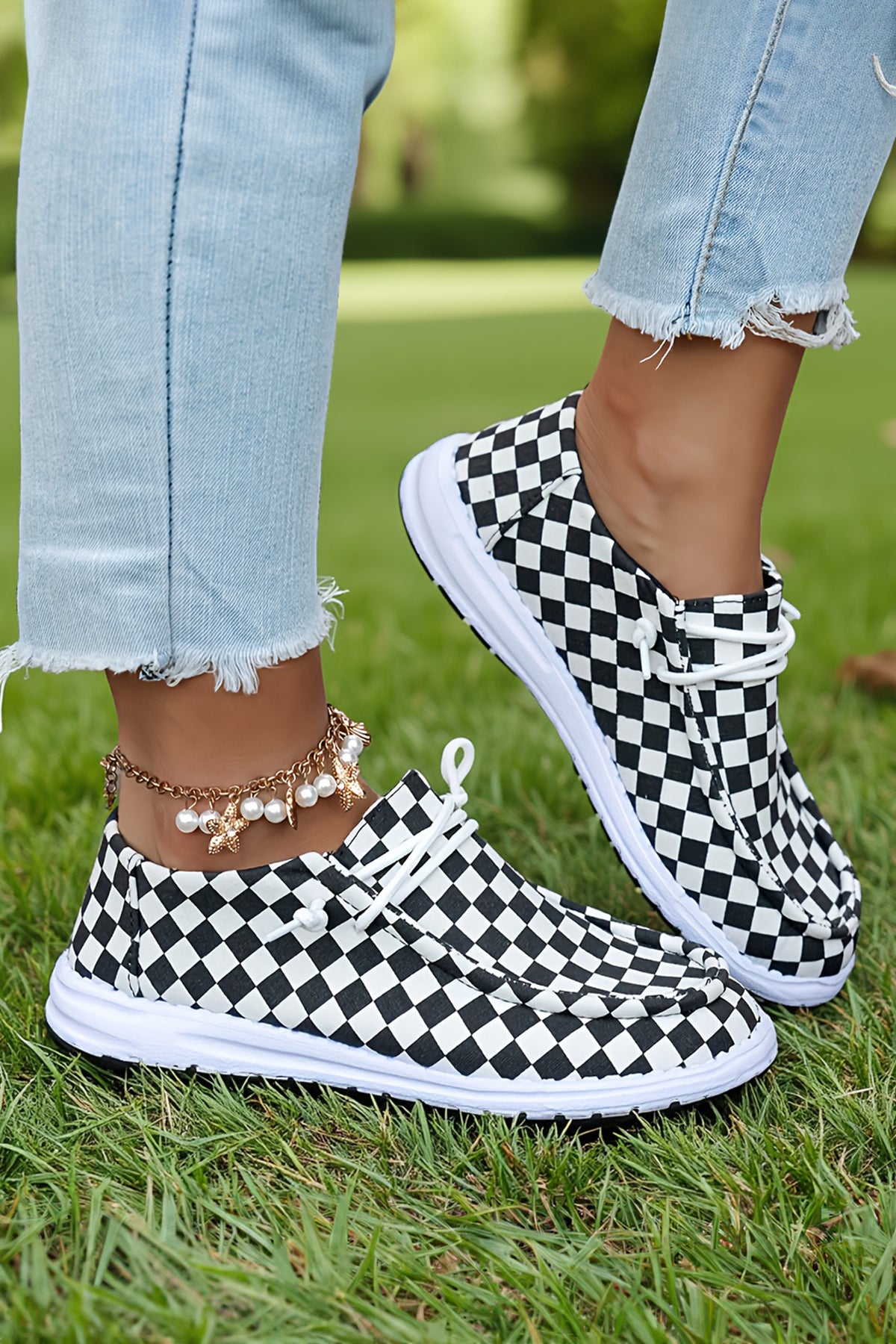 Black Checkered Faux Suede Lace-Up Slip-On Sneakers