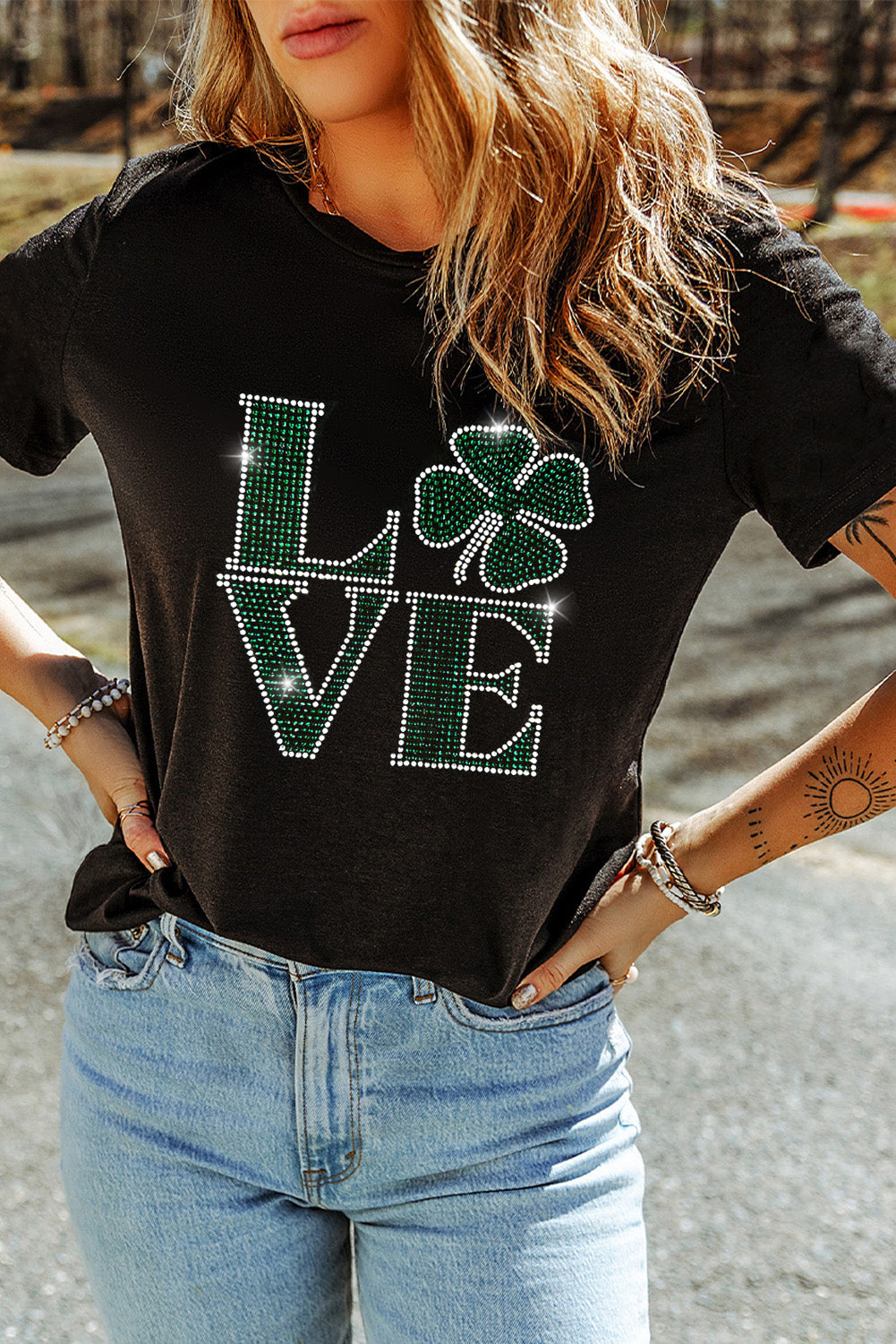 Black Clover LOVE Rhinestone Graphic St Patricks Day T-Shirt