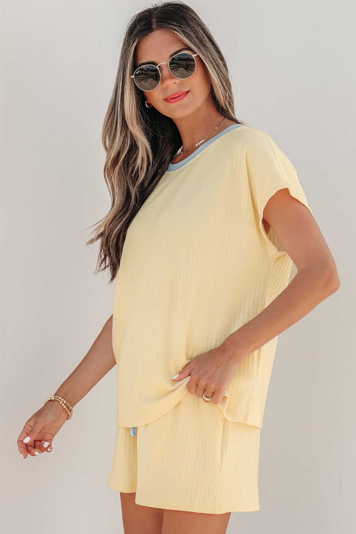 Women's Mist Blue Soft Ribbed Color Block Trim Casual Shorts Set