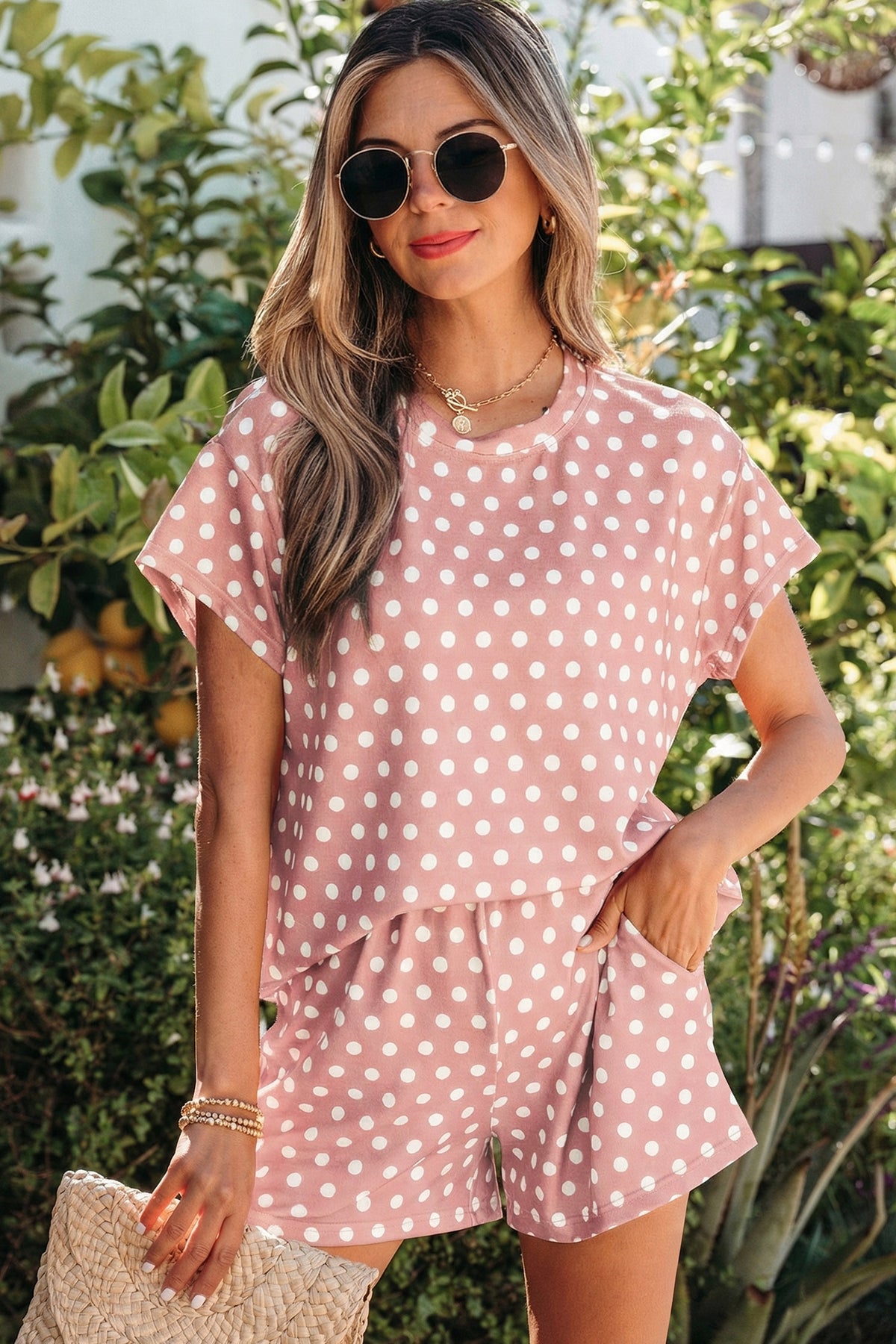 Women's Pink Polka Dot Print Shorts Two-Piece Set
