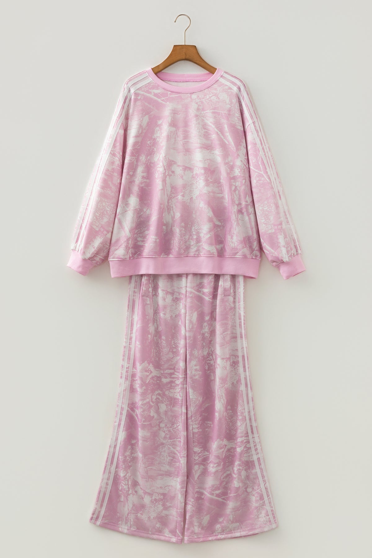 Pink Abstract Print Side Stripe Detail Long Sleeve Top Pants Set