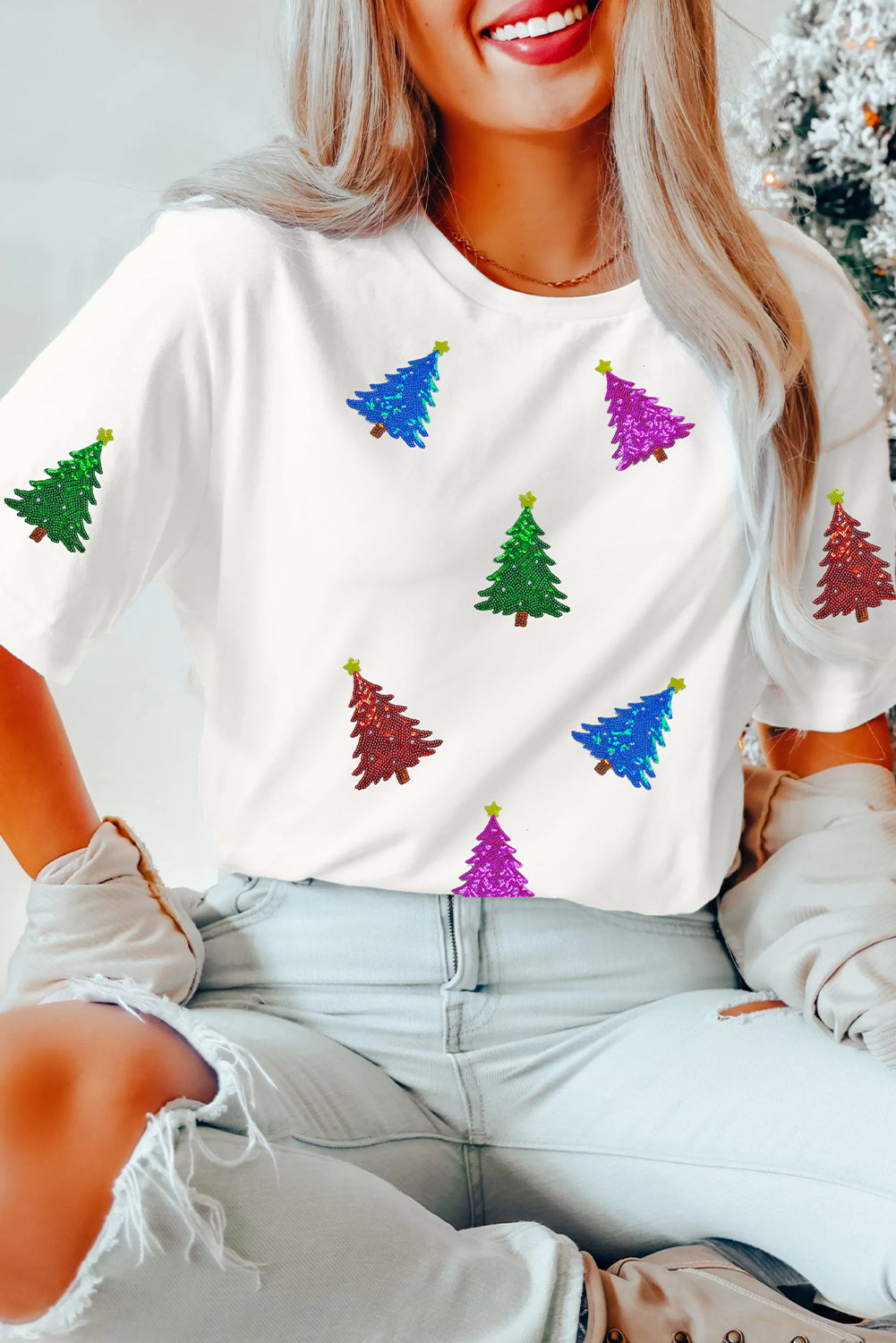 White Glitter Christmas Tree Pattern Cuffed Sleeve Christmas T-Shirt