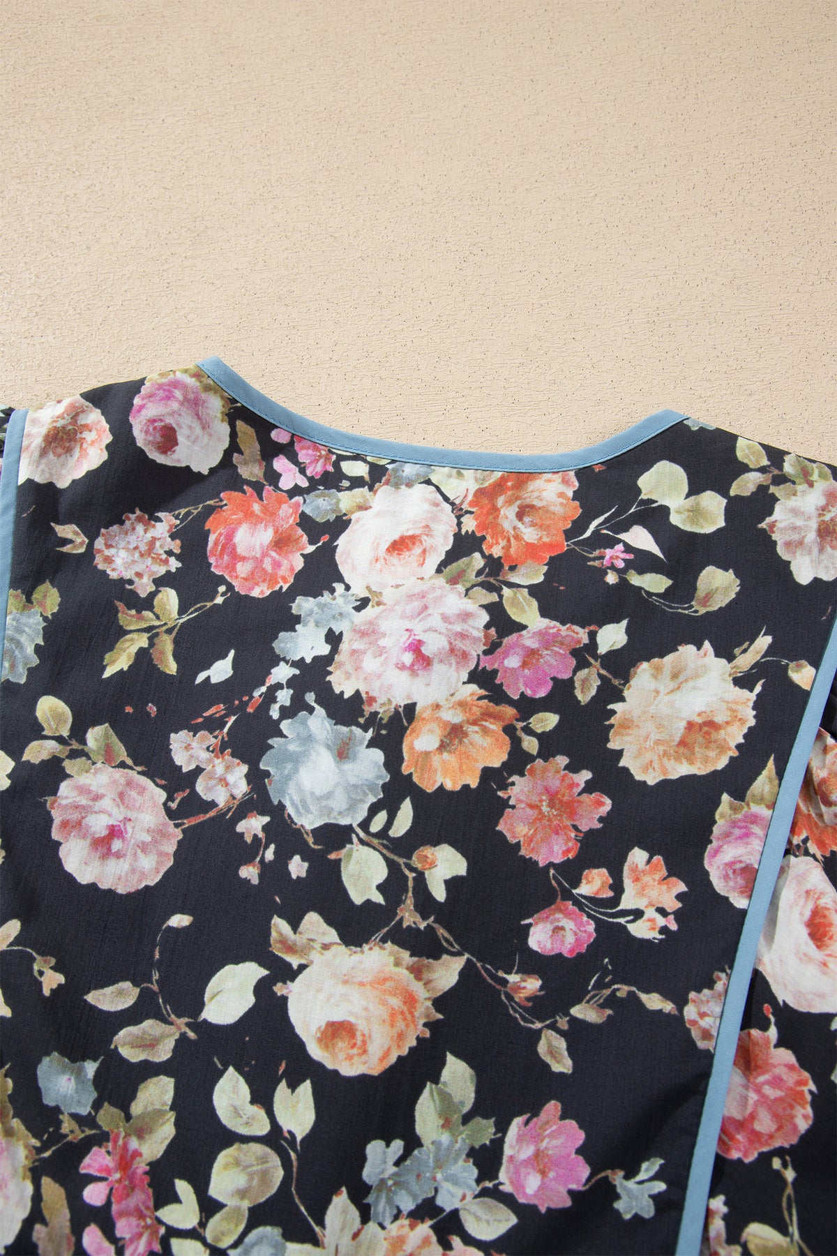 Black Floral Print Contrast Trim Tie V Neck Blouse