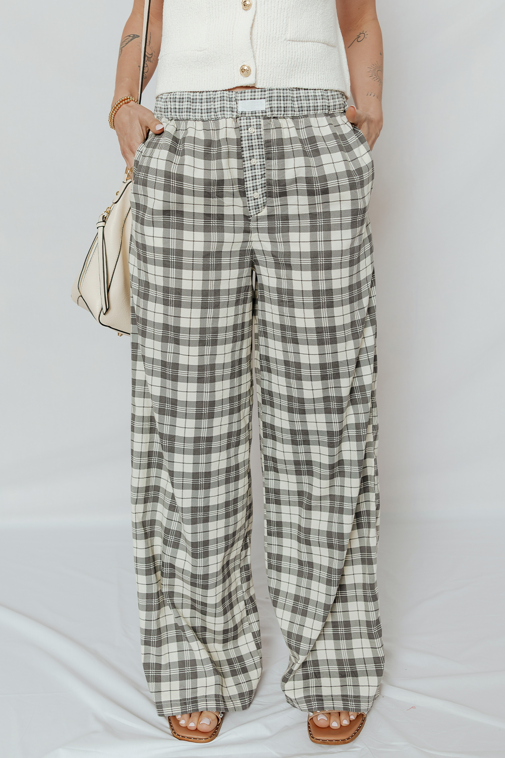Gray Plaid Wide Leg Casual Pants