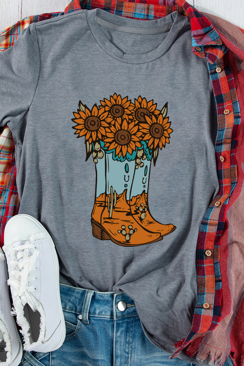 Gray Sunflower Cowgirl Boots Print Western Fashion T-Shirt