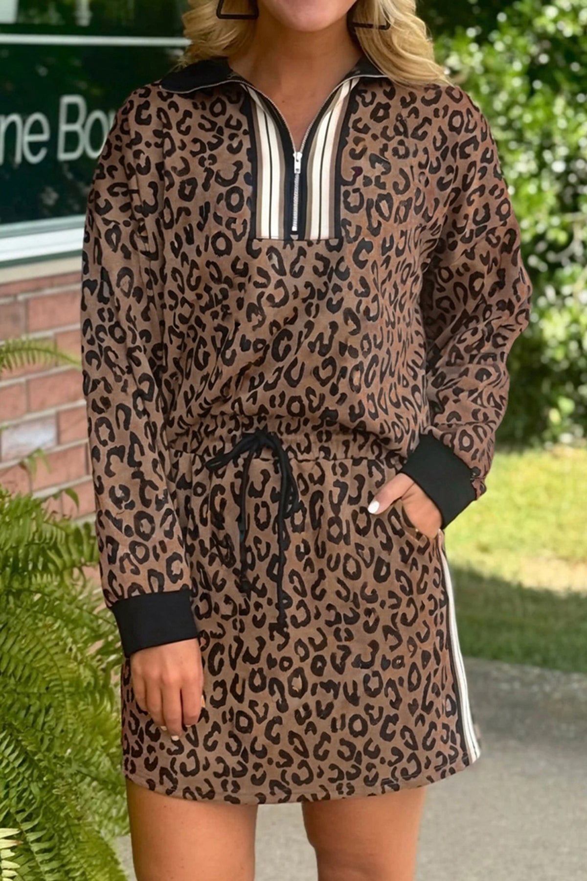 Women's Khaki Leopard Print Quarter Zip Long-Sleeve Top Mini Skort Set