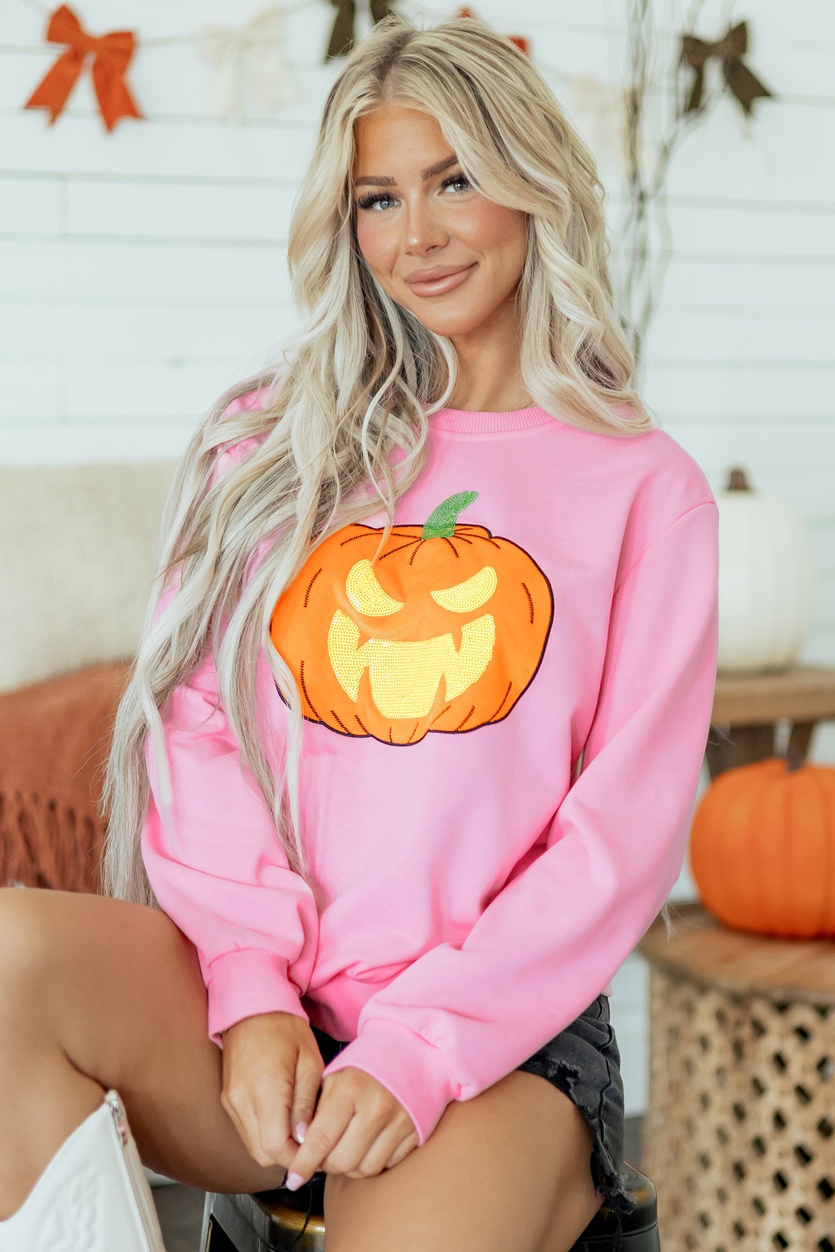 Pink Embroidered Pumpkin Face Round Neck Sweatshirt