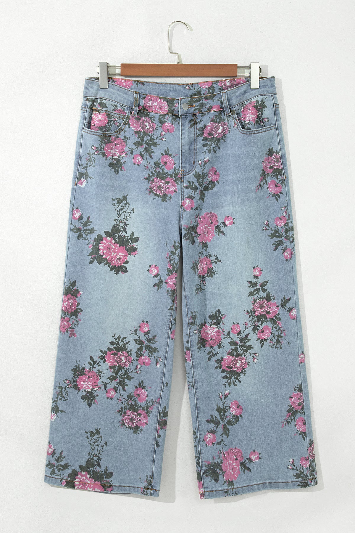 Sky Blue Plus Size Floral Print Ankle-Length Loose Jeans