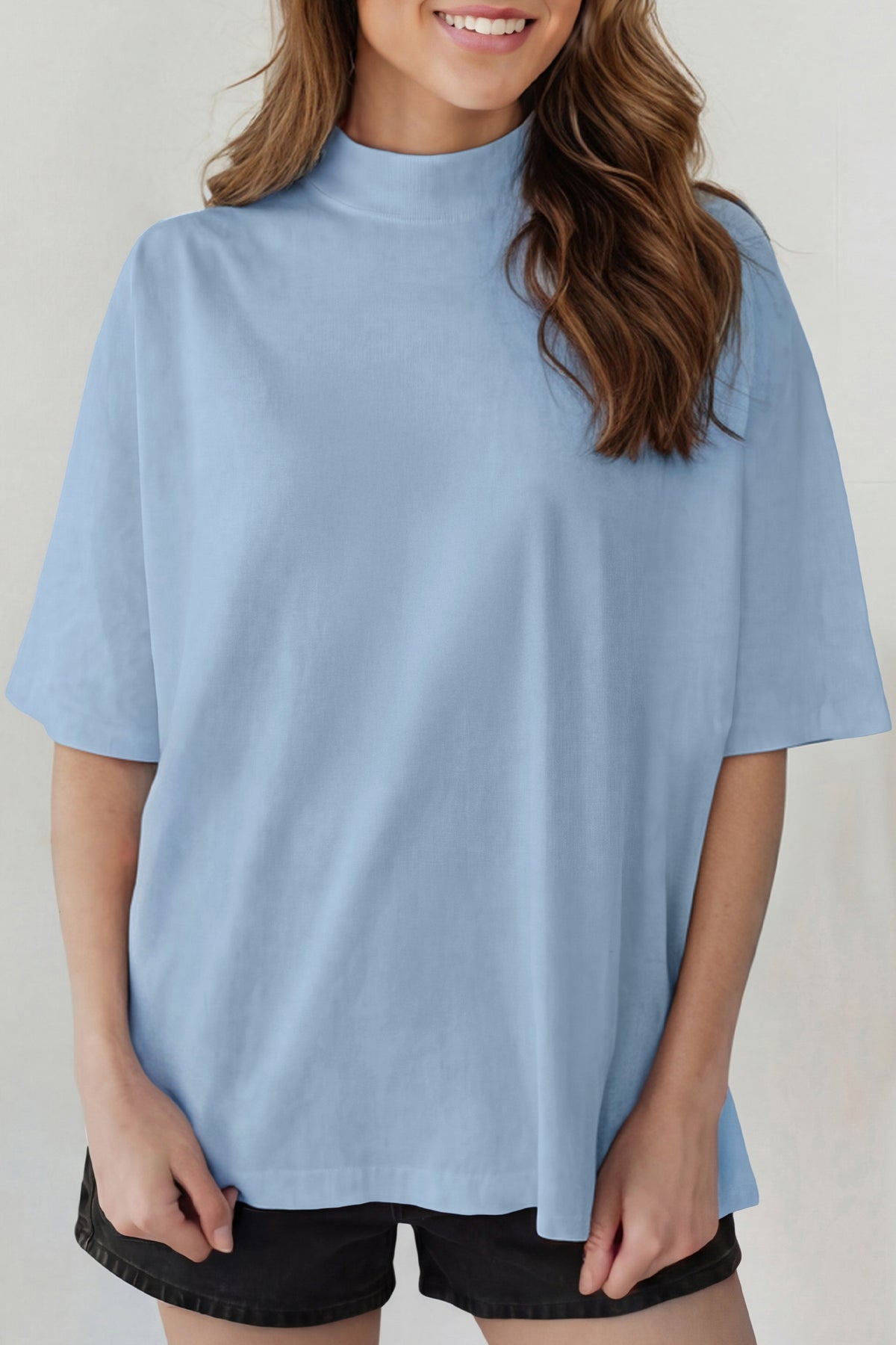 Pink Solid Color High Neck Oversize Tee
