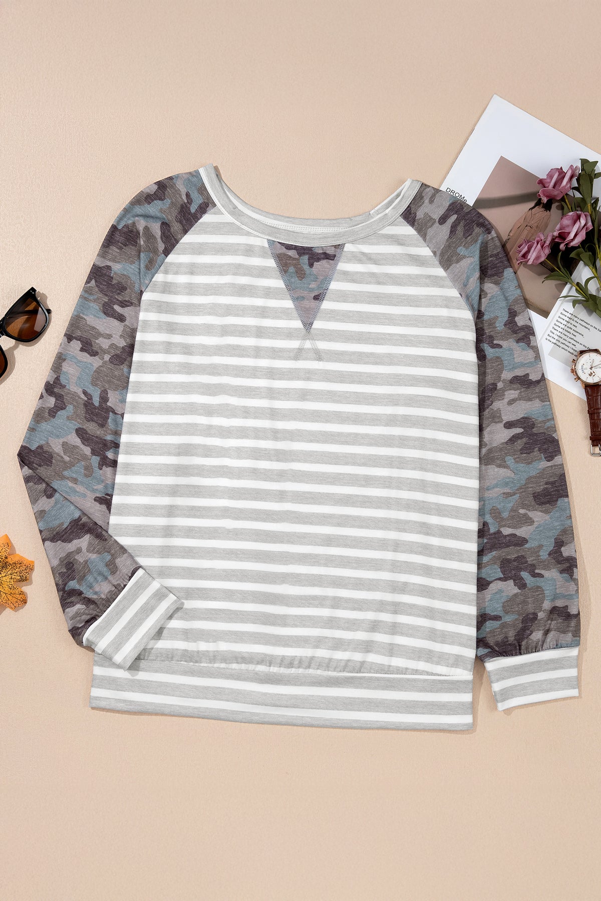 Gray Stripe Camo Sleeve Striped Color-Block Round-Neck Long-Sleeve Plus Size Blouse