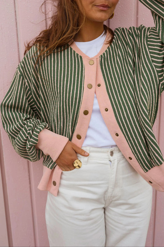 Green Stripe Striped V Neck Patchwork Long Sleeve Cardigan