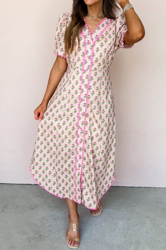 Pink Floral Print V Neck Scallop Trim Short Sleeve Long Dress
