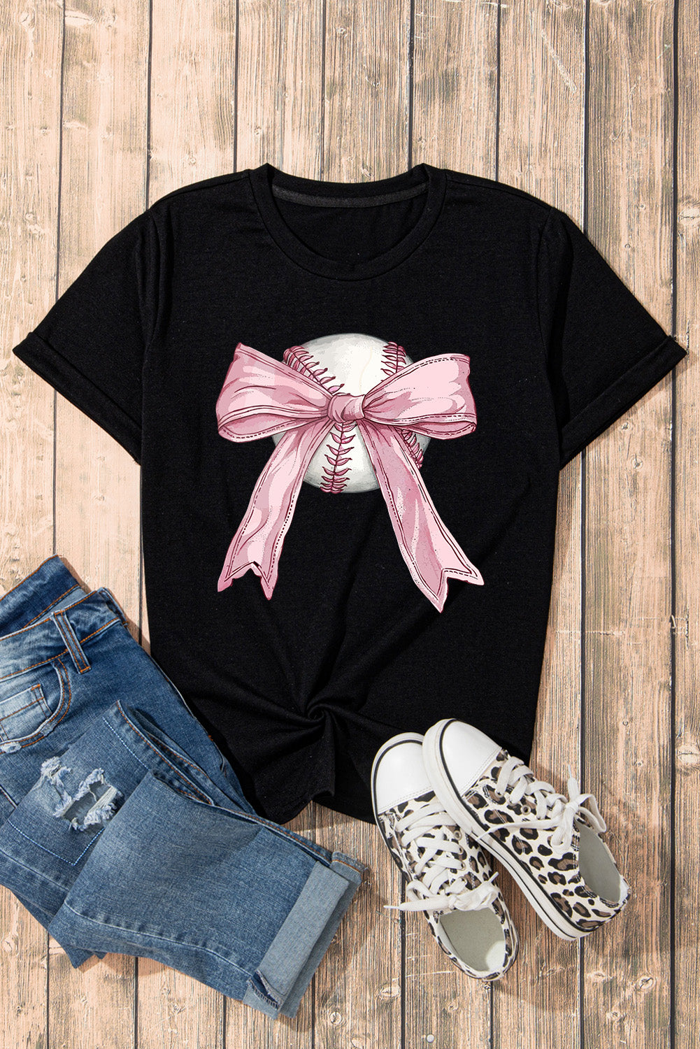 Black Baseball Bow Knot Print Round Neck T-Shirt