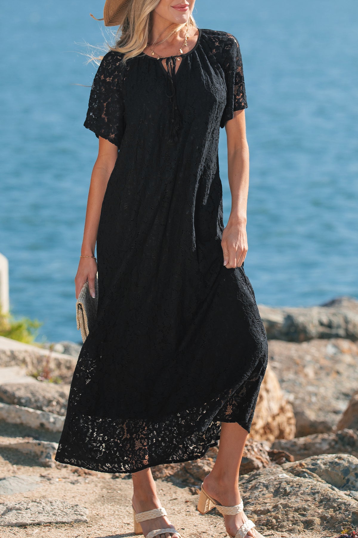 Black Floral Lace Overlay Tassel Tie Beach Vacation Maxi Dress
