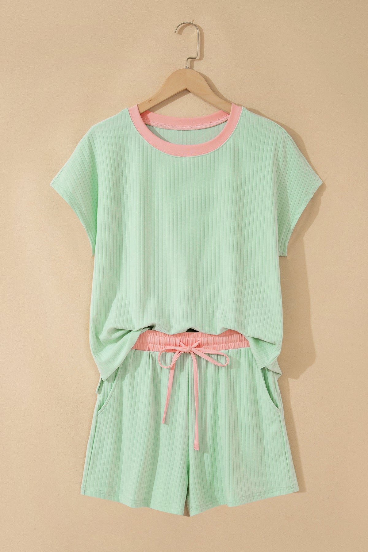 Women's Mist Blue Soft Ribbed Color Block Trim Casual Shorts Set
