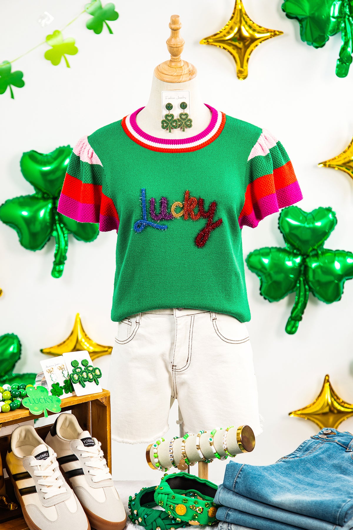 Bright Green Shiny Lucky Striped Flutter Sleeve Round Neck Sweater