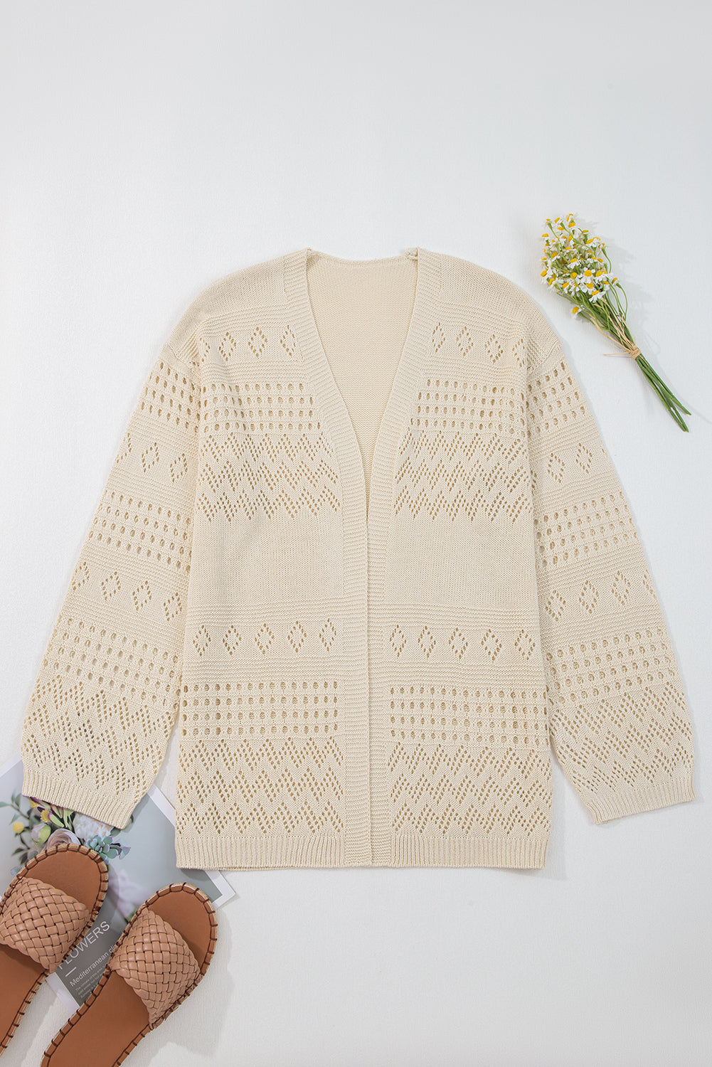 Smoke Gray Solid Color Hollowed Knit Open Front Cardigan Sweater