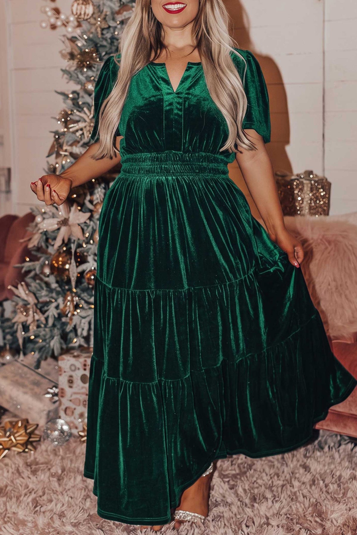 Blackish Green Velvet Shirred Waist Tiered Plus Size Dress
