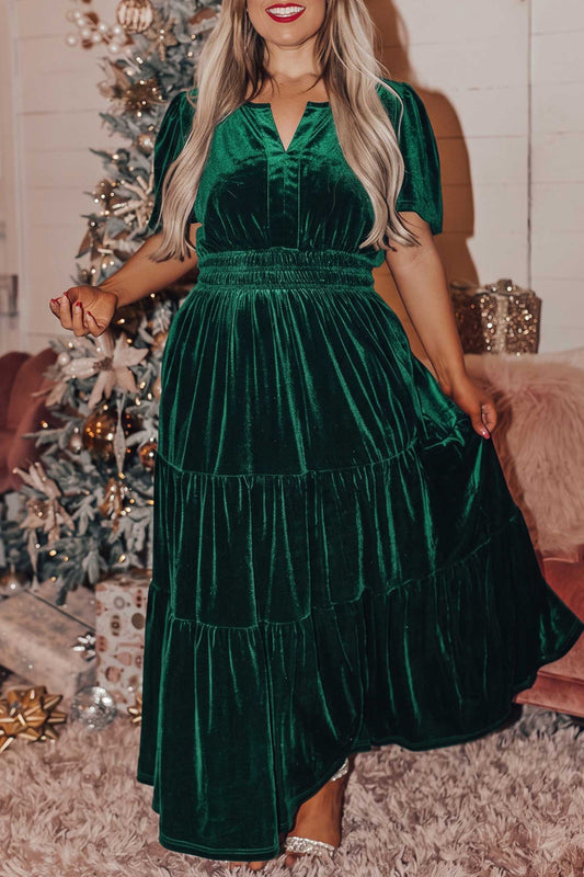 Blackish Green Velvet Shirred Waist Tiered Plus Size Dress