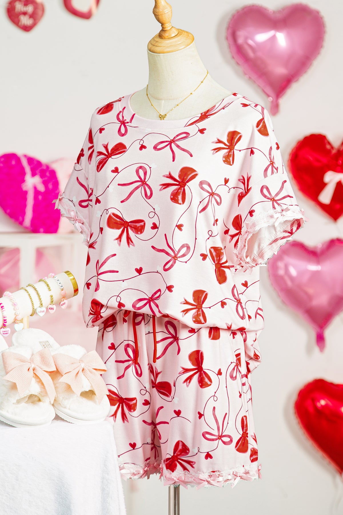Red Romantic Bow Print Loose Tee Drawstring Shorts Lounge Set