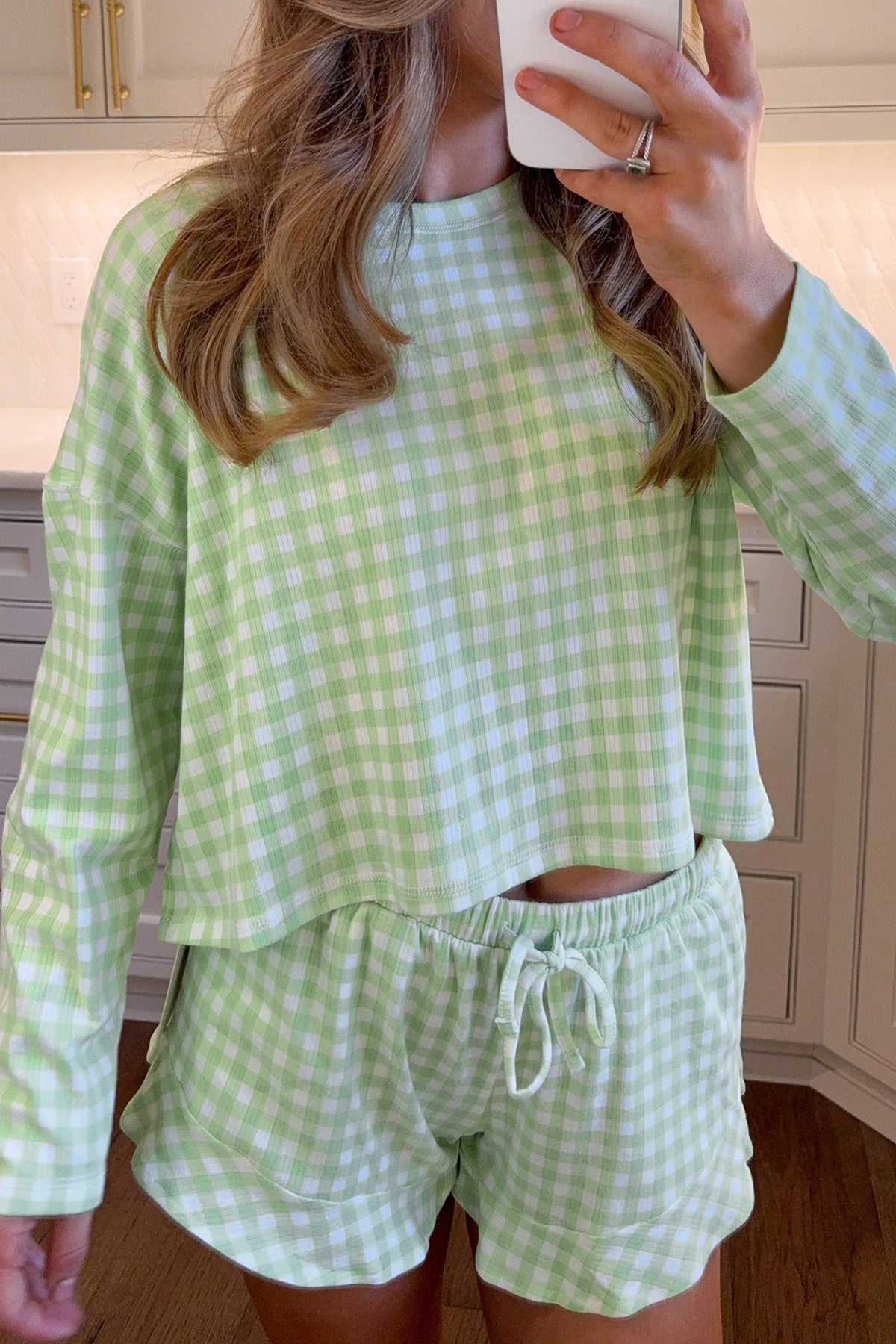 Green Gingham Long Sleeve Loose Top Drawstring Shorts Lounge Set