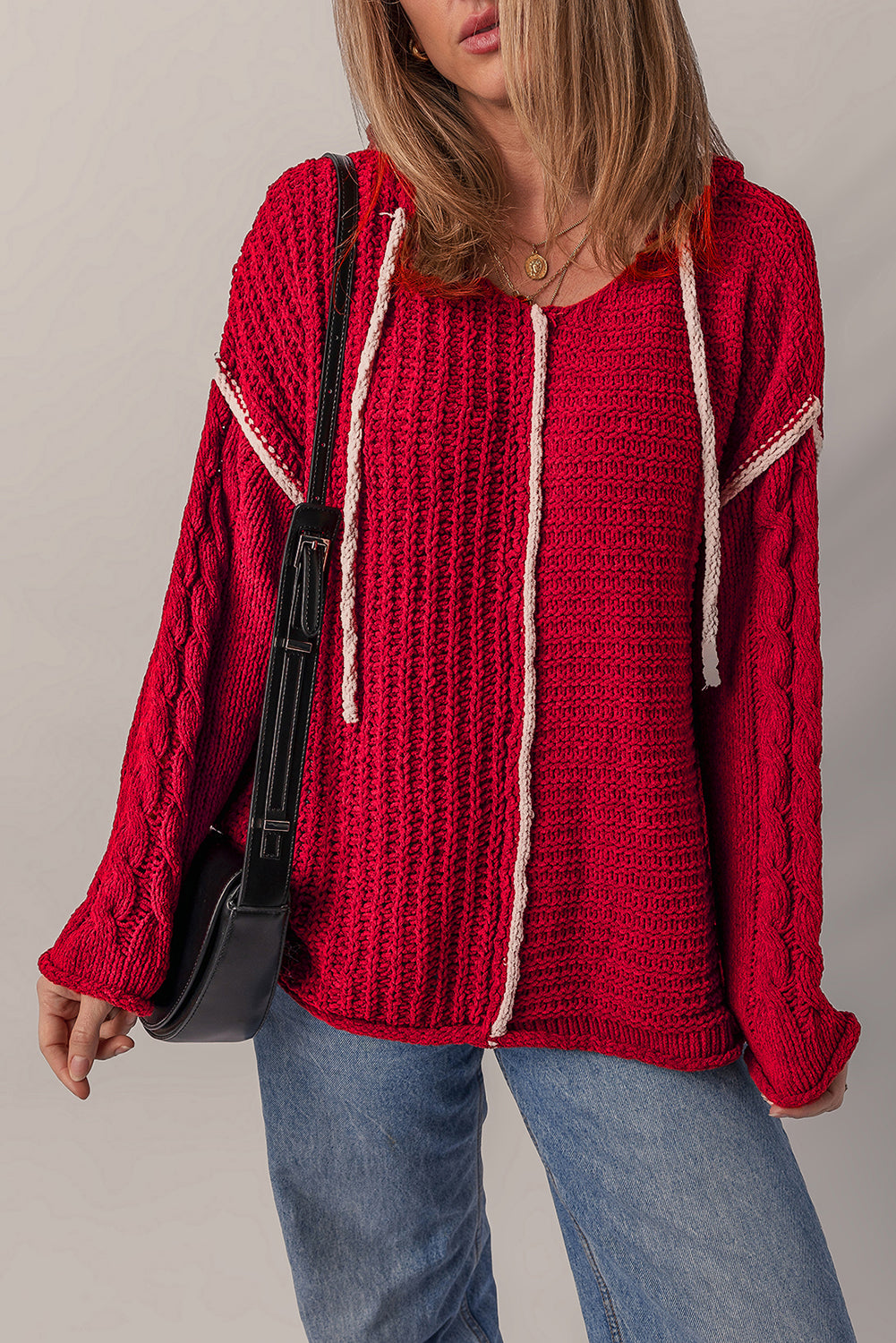 Racing Red Color Contrast Trim Textured Knit Drawstring Hooded Sweater