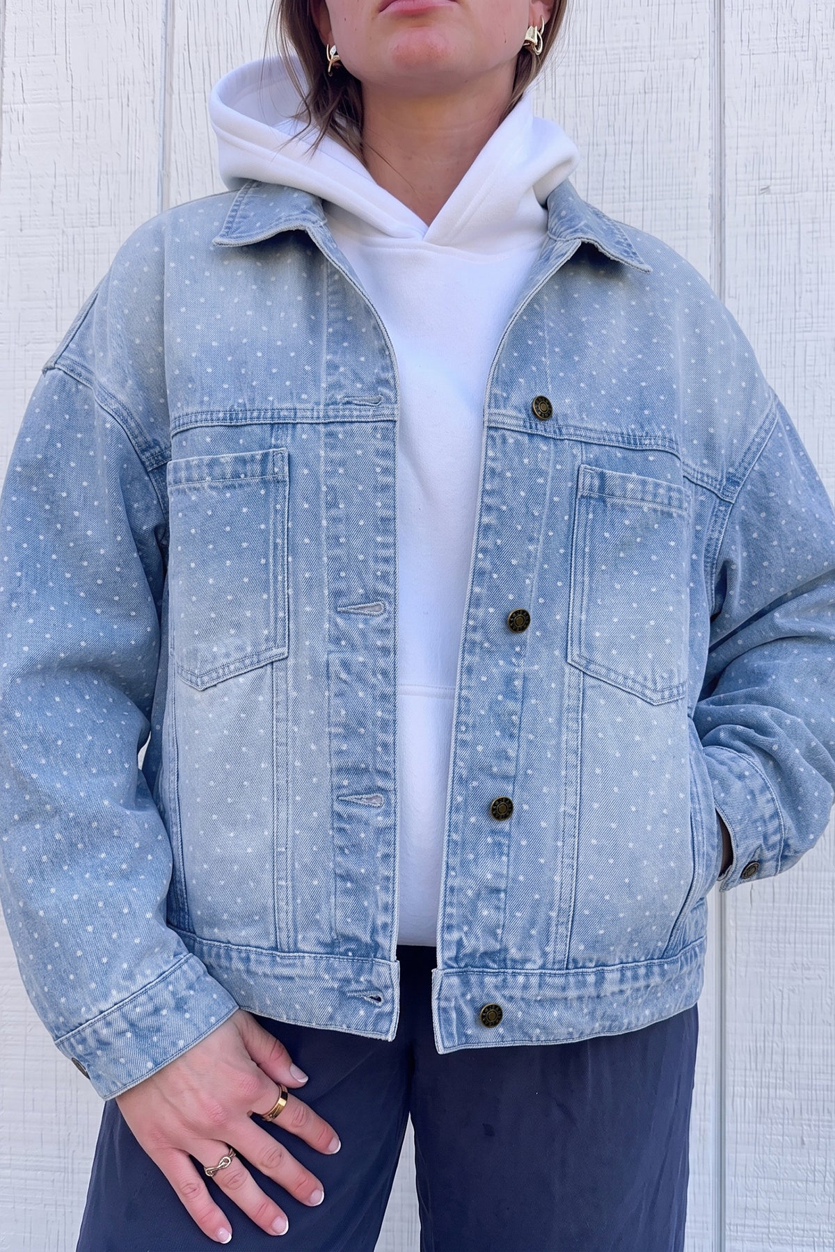 Sky Blue Polka Dot Long Sleeve Collar Pocket Denim Jacket