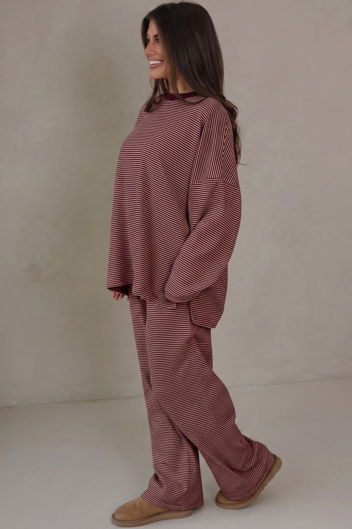 Women's Blue Stripe Contrast Trim Round Neck Oversize Long-Sleeve Top Two-Piece Pants Set