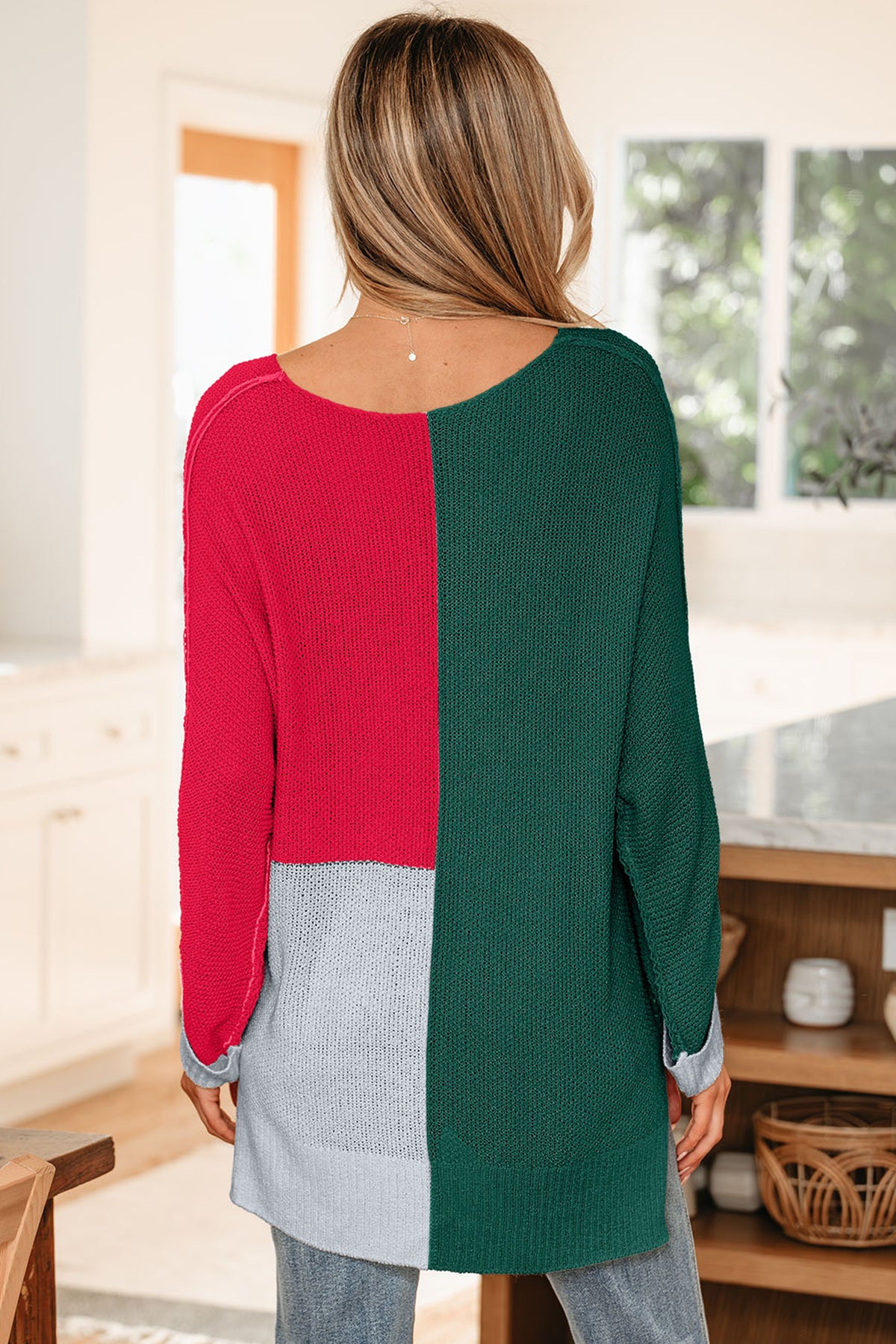 Evergreen Color Block Knit V Neck Loose Sweater