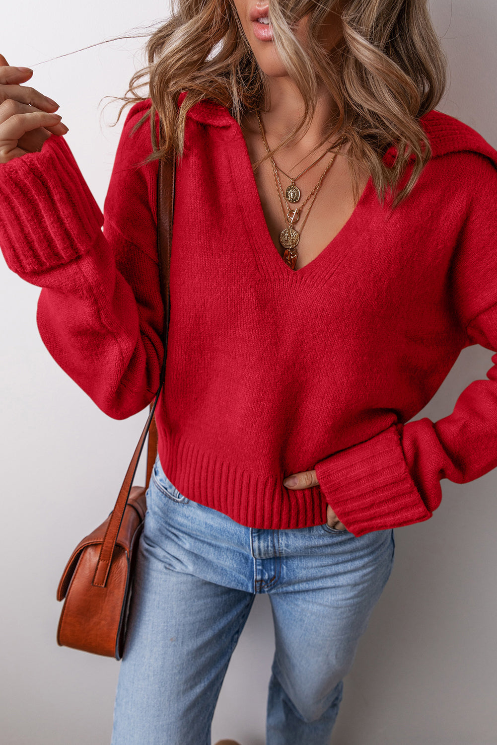 Racing Red Collared V Neck Ribbed Edge Sexy Elegant Sweater