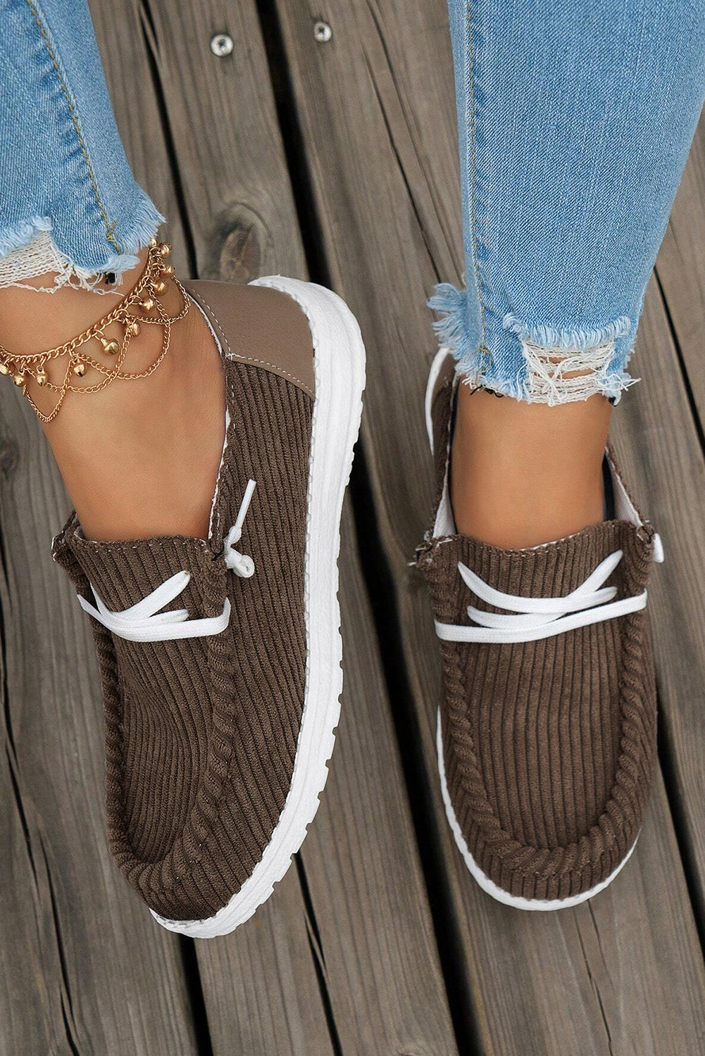 Coffee Solid Ribbed Criss Cross Slip-On Casual Shoes